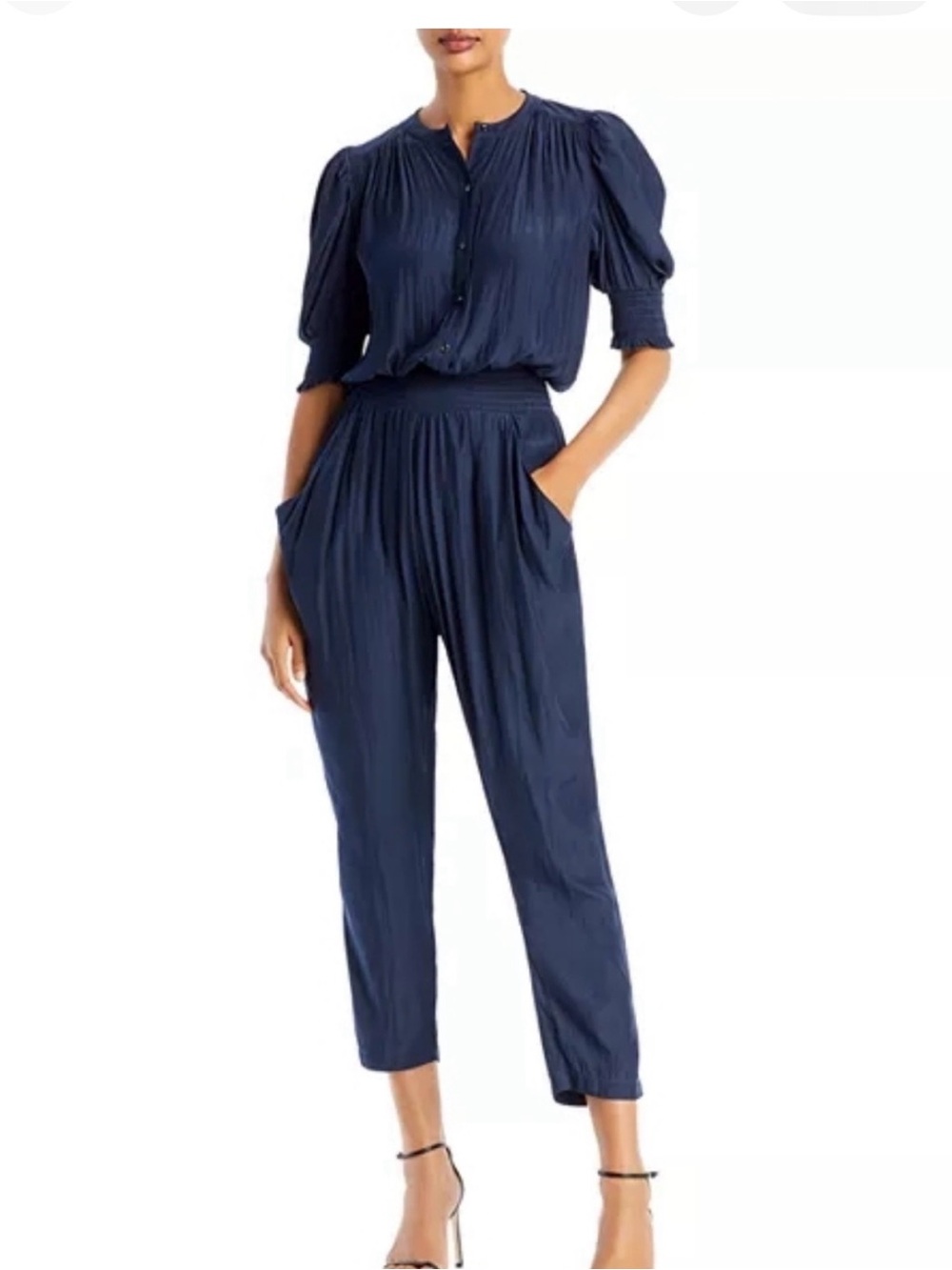 Ramy Brook Navy Satin Smocked-Waist Jumpsuit - perfect condition